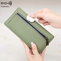 Dompet Panjang Tipis Kulit PU Anti RFID untuk Wanita, Tempat Kartu Kredit Ultra Tipis, Penutup Ritsleting, Warna Solid, Poliester