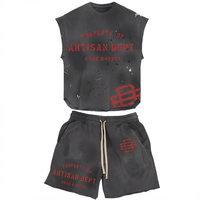 Conjunto Deportivo de Verano Vintage al por Mayor OEM, Logotipo Personalizado, Estampado Puff, Talla Grande, Transpirable, Sin Mangas, 2 Piezas, Pantalones Cortos de Algodón para Hombre