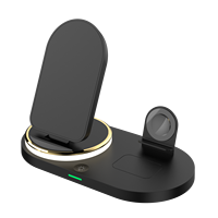 Support de charge sans fil pliable 15W pour téléphone, montre et écouteurs avec lumière d'ambiance LED tactile et sortie USB pour bureau et chambre