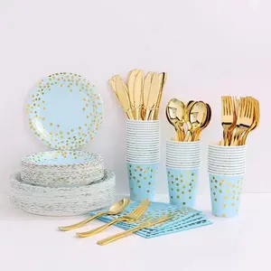 Новый продукт, идеи, 2023 Золотой горошек на синем фоне, наборы одноразовой бумажной посуды для детей, подарки на день рождения