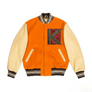 แจ็คเก็ตวาร์ซิตี้สีเบจสำหรับผู้ชาย รุ่น KVJ132 ตัวเสื้อสีน้ำเงินรอยัล แขนปักลายขนสัตว์  พร้อมแพทช์เชนิลล์  แบบปรับแต่งได้ - Product Image 5