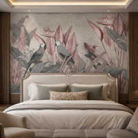 Papier peint autocollant imperméable vintage tropical avec des perroquets, motif rétro rose et gris, jungle, oiseaux, pour la décoration murale de la maison