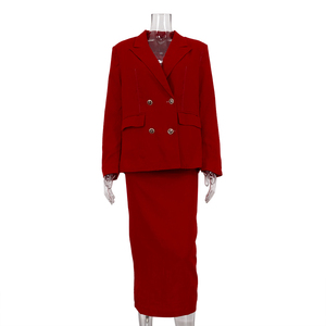 Giacca <span class=keywords><strong>doppiopetto</strong></span> primavera estate 2025 e gonna lunga con spacco posteriore con Zip due pezzi completo <span class=keywords><strong>abito</strong></span> rosso da donna - Product Image 4