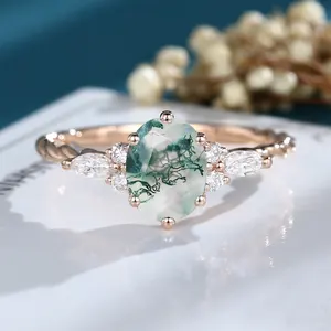 Boho Gemstone Custom Fashion Design Unique Fine Jewelry Fashionable Ring moss agate rings