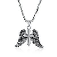 Collier avec pendentif croix ailes d'ange personnalisé, bijoux religieux vintage en acier inoxydable pour homme, chaîne punk hip hop, cadeau.