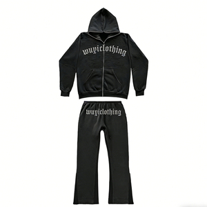 OEM ODM Custom Logo Tracksuit <b>Set</b> Men Flared Sweatpants Zip Hoodie Cotton High Quality Streetwear 2-Piece <b>Set</b> Wholesale - Product Image 1