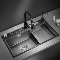 Grand évier de cuisine en acier inoxydable, poste de travail haut-bas avec porte-couteau séparateur de cuisine, panneau de vidange de robinet de levage