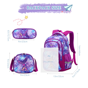 Mochila Escolar Infantil de Gran Capacidad con Diseño de Cola de Sirena Cusangel, Juego de Mochilas Impermeables para Niñas, Morado - Product Image 3