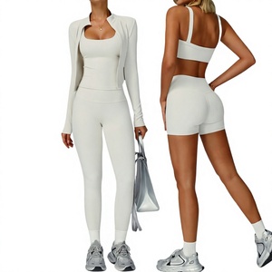 Women Yoga Set 3 Piece Activewear Set Zipper Jacket Sports Bra High Waist <b>Shorts</b> Workout Outfit - Product Image 2