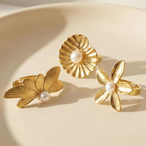 <b>Custom</b> <b>Ring</b> Bulk Non Tarnish 316L Stainless Steel 14k 18k Gold Plated Fine Flower Pearl <b>Ring</b> for Women - Product Image 2