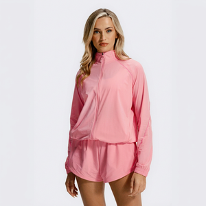 Veste coupe-vent légère rose zippée et ensemble short pour femme, vêtements de sport décontractés, ensemble de survêtement deux pièces pour femme - Product Image 1