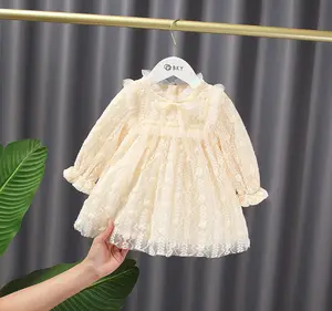 Gaun Princess Ulang Tahun Anak Perempuan, Gaun Kostum Lengan Panjang Renda Motif Bunga Berongga untuk Bayi Perempuan Musim Semi 21104