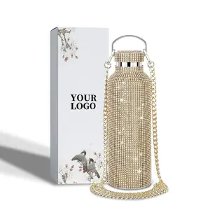 Factory Water Bottle Creative Portable Handle Rhinestone Diamond Bling Bling 304 Stainless Steel Vacuum Thermos Water Bottle