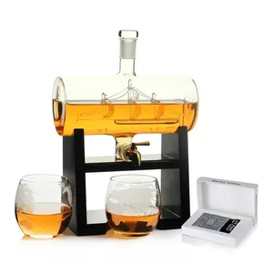 Wholesale Antique Barrel Ship 1160ML Whiskey Glass and Decanter Dispenser Bottle Set with Gift Box for Bourbon Wine Rum Tequila