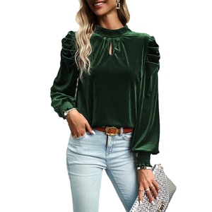 Chemisier en velours vintage uni pour femme, élégant, vert, automne-hiver, à manches longues, coupe décontractée, idéal pour le bureau - Product Image 3