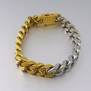 สร้อยข้อมือผู้ชายสแตนเลสสตีลสองสีแบบคิวบา ชุบทอง 18K สไตล์ฮิปฮอป หนา  ของขวัญเครื่องประดับ - Product Image 4