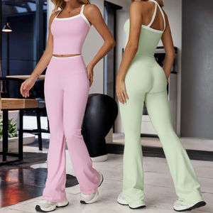 Women's Breathable Solid Pattern <b>Yoga</b> Set Color-<b>Block</b> Cross Back with Elastic Waist for Sports Fitness & Running Bare Sensation - Product Image 3