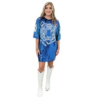 Robe T-shirt pour femmes en métal argenté personnalisée avec des lettres de dessin animé, sexy, à paillettes, grande taille, pour les fêtes, motif tigre, 3 couleurs