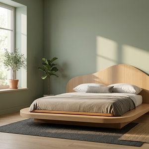 Cama de Plataforma Moderna de Madera de Teca con Cabecera Curva, Diseño Minimalista Japandi, Madera Sólida, Tamaños Personalizables, Muebles de Dormitorio - Product Image 3