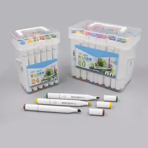Dual Tip Bullet And Chisel Head Multi Color Custom Color Alcohol Based Sketch Marker Easy To Carry Plastic Box