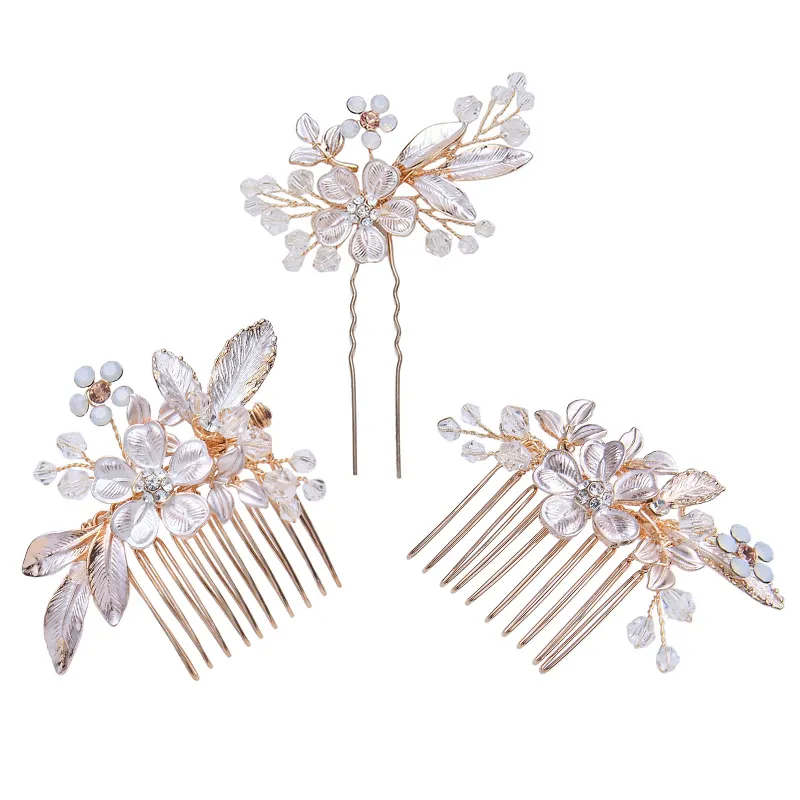 2022 Fashion Handmade Crystal Leaf Headband Wedding Bridal Dress Flower Hair Comb For Women