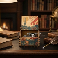Boîte à musique à manivelle, boîte à musique en bois à remonter avec motif Tour Eiffel Paris, art café français, cadeau de voyage vintage en gros