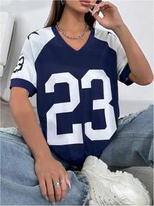 Camiseta de media manga con cuello en V y bloque de Color para mujer, camiseta de baloncesto, ropa de calle informal, Top - Product Image 6