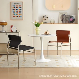 Silla de comedor estilo italiano vintage, de acero inoxidable, con asiento de cuero, diseño minimalista para sala de estar - Product Image 2