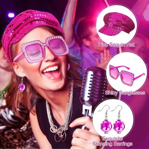 Set de 3 Piezas de Disfraz de los <span class=keywords><strong>70</strong></span> con Lentejuelas, Sombrero Disco Abba, Gafas de Sol <span class=keywords><strong>y</strong></span> Aretes para Mujer, Accesorios para Fiesta - Product Image 4