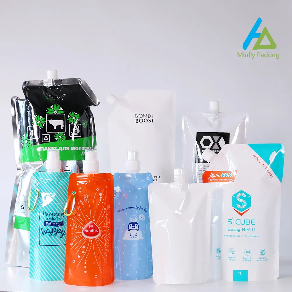 Minfly shampoo de suco, impressão digital de plástico personalizada para enchimento de líquido 30ml 200ml 250ml, sacos de vedação de bebidas, shampoo, bebidas