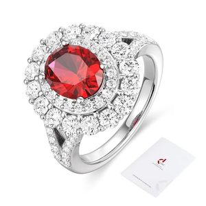 Bague vintage en or blanc 14 carats avec rubis rouge vif taille ovale personnalisée, halo floral double couche de diamants et sangle pavée de diamants - Product Image 2