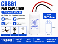 Condensateur de démarrage de moteur compact CBB61 1,5μF -- 6μF 450VAC (30x50mm) pour ventilateurs, ventilateurs de plafond, ventilateurs sur pied et petits moteurs