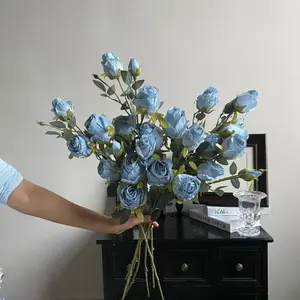 Rose en soie, nouveau design, boule effet brûlé, pour salon, fleurs décoratives, fête des Mères, romantique, 4 têtes, tige unique - Product Image 3