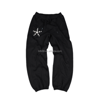 Pantalones Deportivos Holgados Negros para Hombre, Cintura Media con Cordón, Talla Grande, Diseño de Estrella Bordada, para Otoño, 100% Algodón
