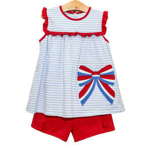 Monogrammed <strong>Patriotic</strong> Kids Boy White Shirt Blue Woven Gingham <strong>Shorts</strong> Matching Little Girl Side Tie Dress Baby Summer Clothes - Product Image 6