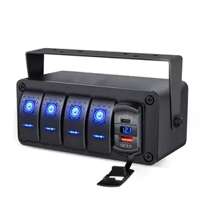 4 Gang Rocker Switch Box Waterproof 12V SPST ON/Off Switch Panel with Dual USB Outlet PD3.0 & QC3.0 Car USB Port