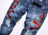 Jeans pour hommes Stonewashed Brodé Crânes Motif Printemps Utilitaire Denim Imprimé Respirant Hip Hop Streetwear Bouton