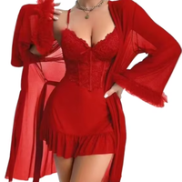 Ensemble de chemise de nuit en dentelle transparente, vêtements de nuit sexy d'été pour femmes, robe de nuit sans manches avec robe de chambre