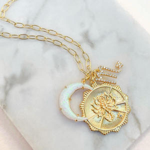 Collar con Colgante de Cadena de Eslabones de Acero de Titanio Chapado en Oro de 18K Vintage con Ópalo Luna Nueva y Runas de los Doce Signos, Joyería que No se Destiñe - Product Image 5