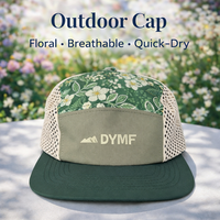 Casquette d'extérieur OEM en gros à 5 panneaux en maille de nylon respirante à séchage rapide avec imprimé floral et logo personnalisé pour la pêche et le camping