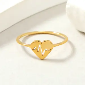 New Design Women Statement Fashion Jewelry 14K Gold Stainless Steel Electrocardiogram Heart Shaped Ladies Finger Ring