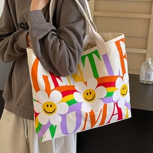 GENTLE WOMAN Fashion Rainbow Print Canvas Tote Bag Off White Green Orange Purple Letter Pocket Shoulder Bag Everyday Use - Product Image 2