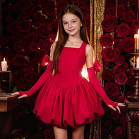 Gaun Pesta Anak Perempuan Model Cold Shoulder dengan Hiasan Pita Merah, Gaun Formal untuk Pertunjukan Piano, Ulang Tahun, dan Makan Malam