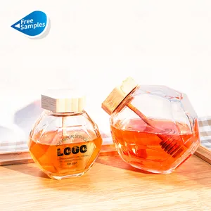 Unique Shape 250g 500g 1000g Empty Honey Bottles Clear Honey Comb Glass Honey Jars With Wooden Lid Spoon And Dipper