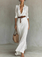 Robe chemise longue à col revers et manches longues pour femme, avec taille froncée et ceinture, couleur unie, élégante, pour les vacances, longueur ras du sol