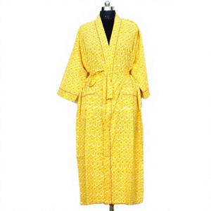 Kimono de satén de algodón 100% para mujer, bata con estampado de bloques a mano, ropa de noche de verano Floral, Vestido de playa para Otoño Invierno romántico - Product Image 1