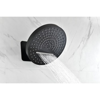 Système de douche thermostatique noir mat ovale à fixation murale, avec fonction cascade, douche à main encastrée et mitigeur de douche pluie