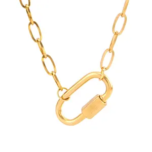 Fashion high quality carabiner snap hook style silver/gold stainless steel fashion 18k gold plated climbing buckle necklace