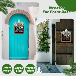 Letrero de bienvenida moderno de madera con 26 letras intercambiables para puerta principal, decoración colgante de corona, 30 cm, color azul. - Product Image 2