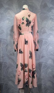 Noeud papillon élégant robe longue 2025 été bohème plage dame doux fleuri vert feuilles imprimer à manches longues rose <span class=keywords><strong>Maxi</strong></span> robe grande taille - Product Image 2